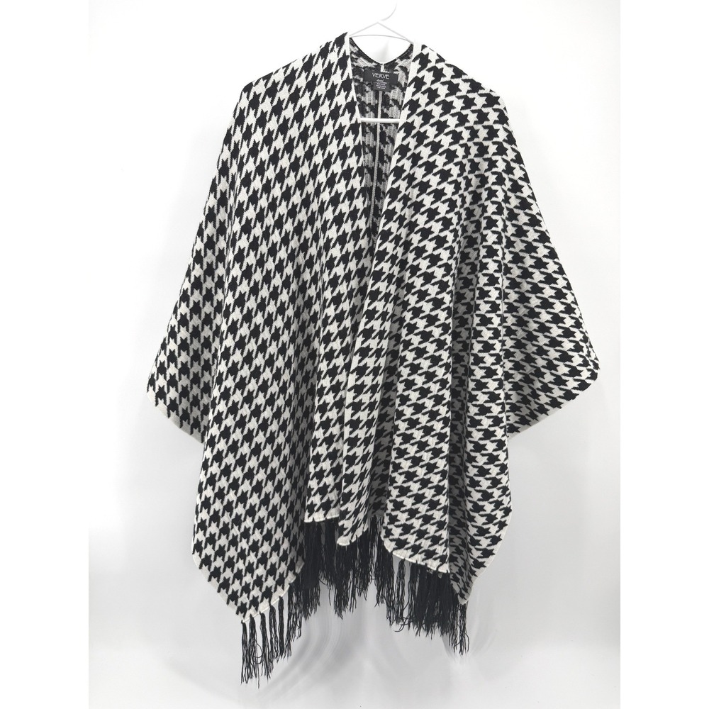 Verve Ami Poncho Black White Houndstooth Fringe Open Front Cozy Soft Women OS